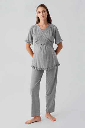 Pleated Wrap Maternity & Nursing Pajama Set Grey - 19218