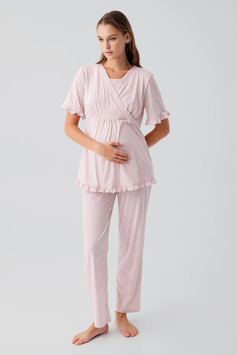 Pleated Wrap Maternity & Nursing Pajama Set Pink - 19218