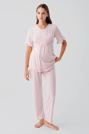 Pleated Wrap Maternity & Nursing Pajama Set Pink - 19218