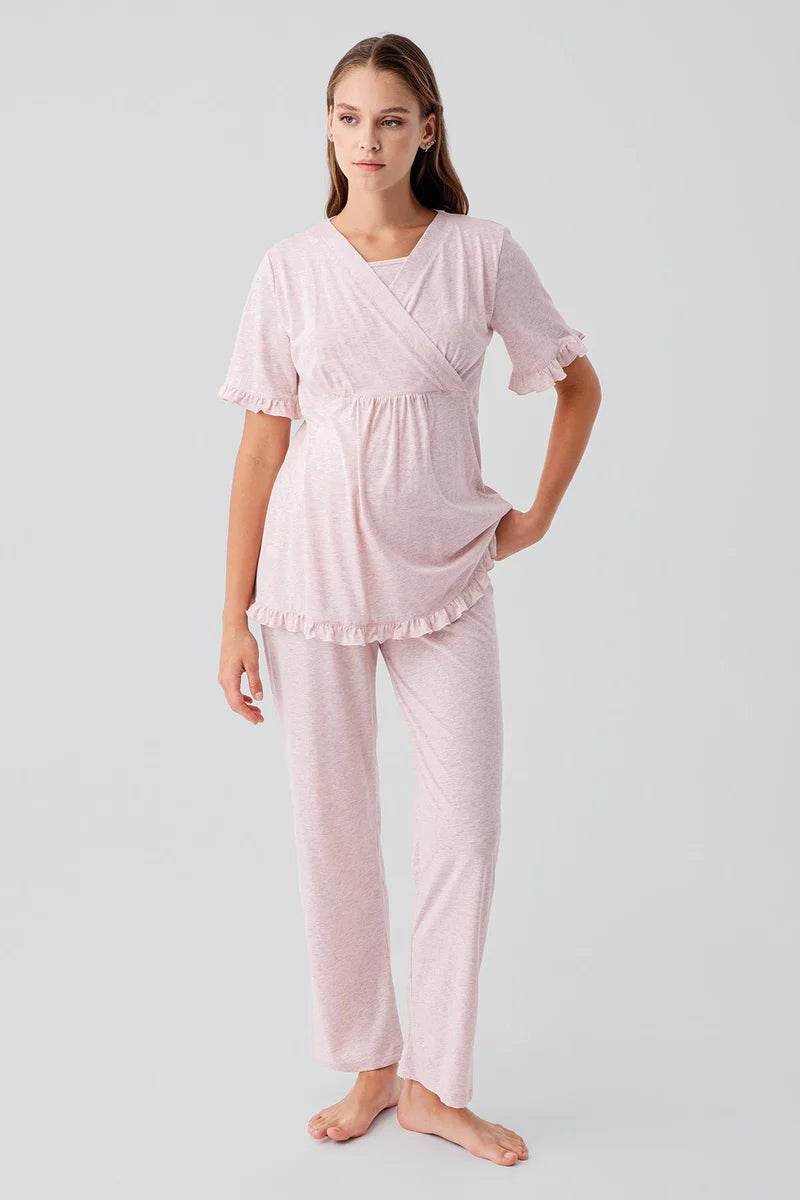 Pleated Wrap Maternity & Nursing Pajama Set Pink - 19218