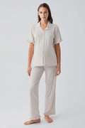 Pleated Sleeves Maternity Feeding-Friendly Pajama Set Beige - S19219