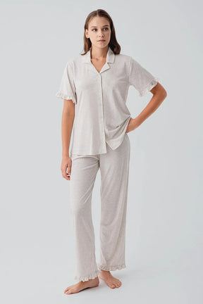 Pleated Sleeves Maternity & Nursing Pajama Set Beige - 19219