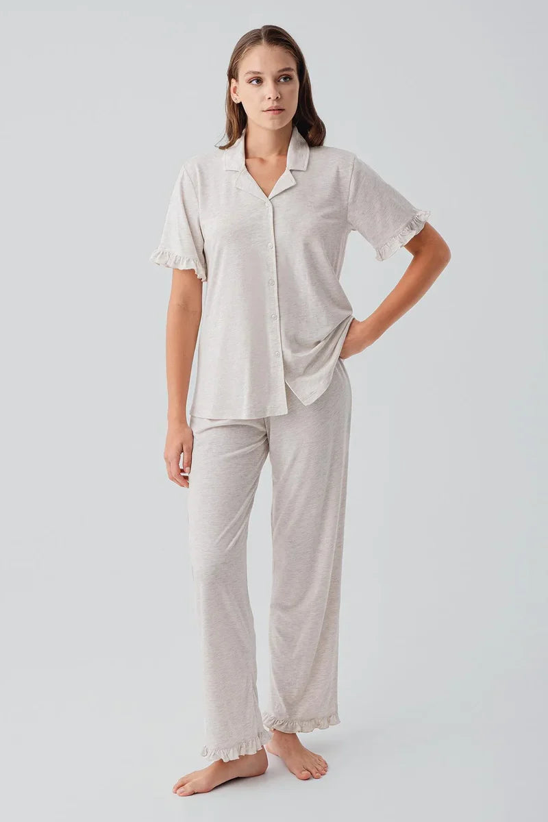 Pleated Sleeves Maternity & Nursing Pajama Set Beige - 19219