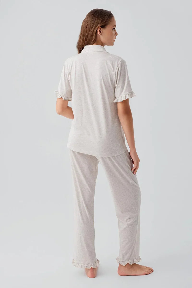 Pleated Sleeves Maternity & Nursing Pajama Set Beige - 19219