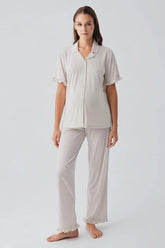 Pleated Sleeves Maternity & Nursing Pajama Set Beige - 19219