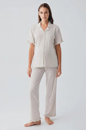 Pleated Sleeves Maternity & Nursing Pajama Set Beige - 19219