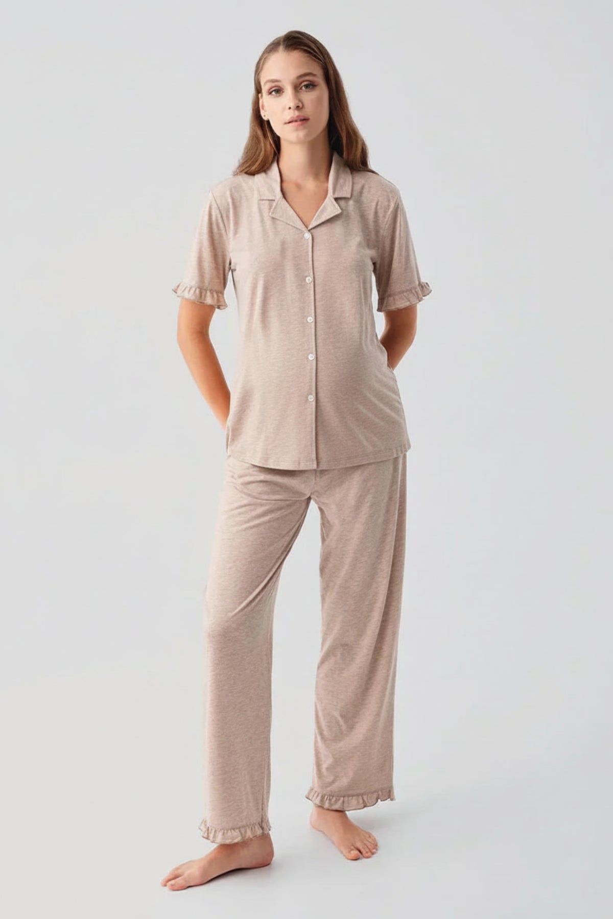 Pleated Sleeves Maternity & Nursing Pajama Set Coffee - 19219