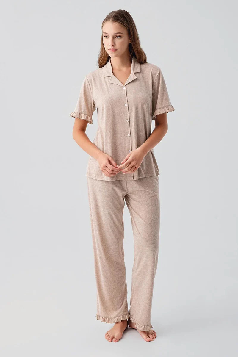 Pleated Sleeves Maternity & Nursing Pajama Set Coffee - 19219