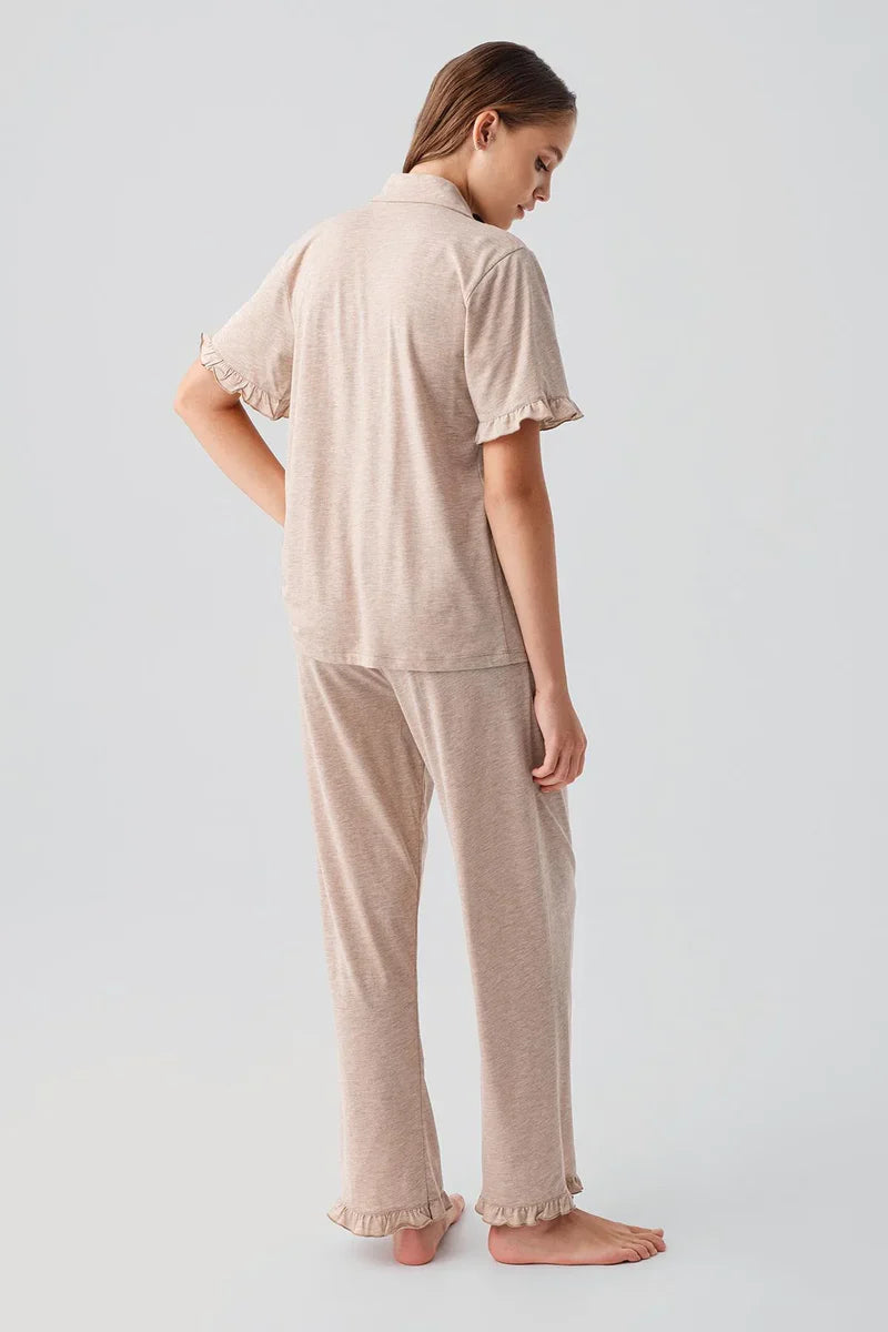 Pleated Sleeves Maternity & Nursing Pajama Set Coffee - 19219