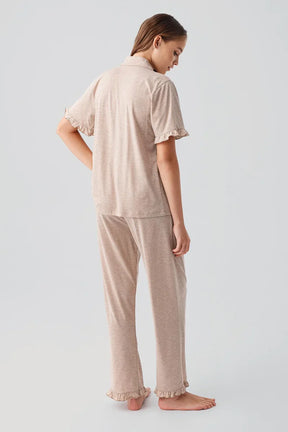 Pleated Sleeves Maternity & Nursing Pajama Set Coffee - 19219