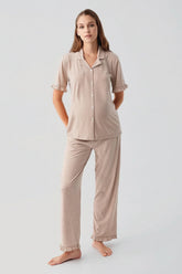 Pleated Sleeves Maternity & Nursing Pajama Set Coffee - 19219