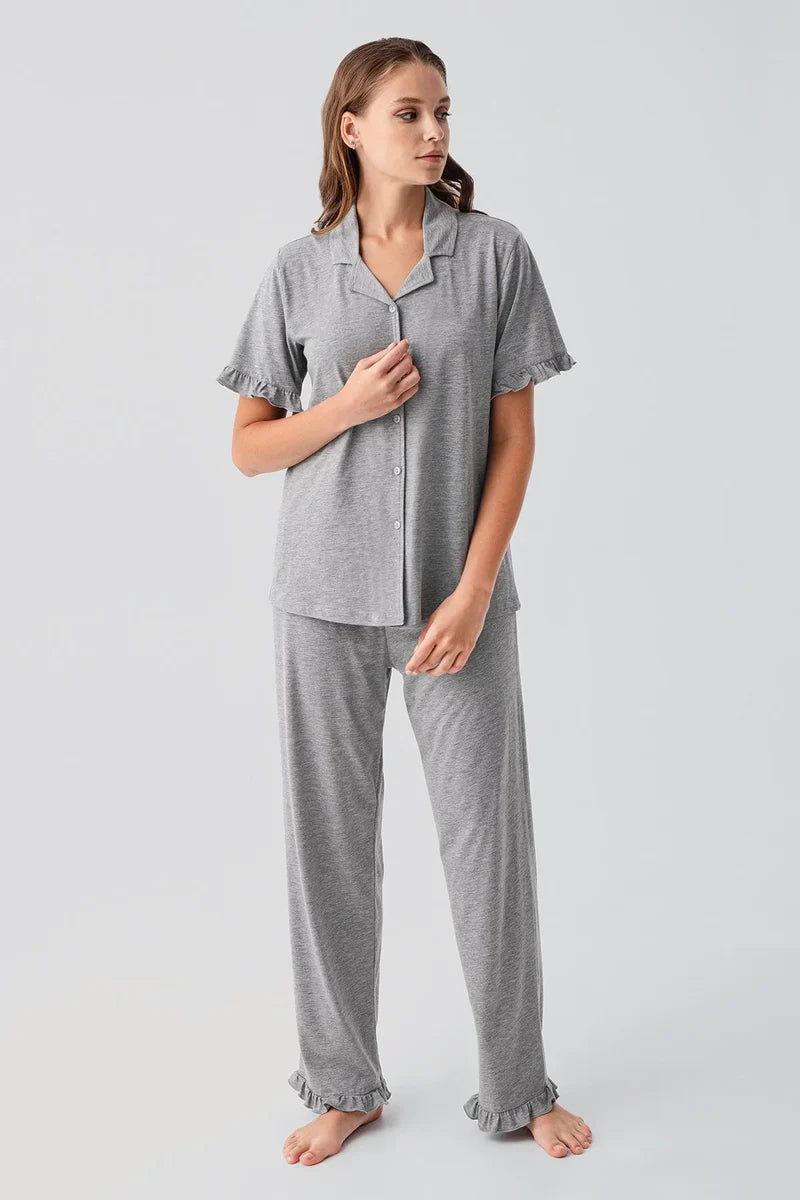 Pleated Sleeves Maternity & Nursing Pajama Set Grey - 19219