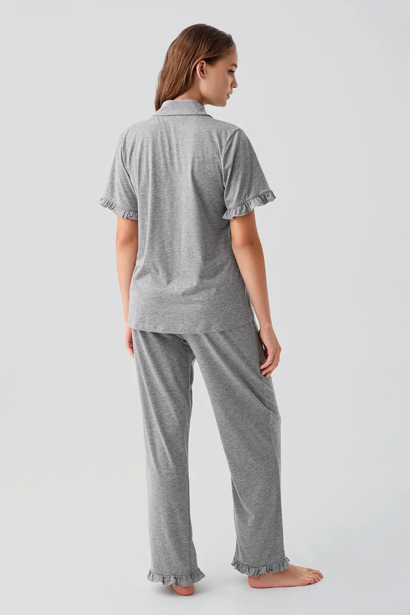 Pleated Sleeves Maternity & Nursing Pajama Set Grey - 19219