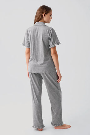 Pleated Sleeves Maternity & Nursing Pajama Set Grey - 19219