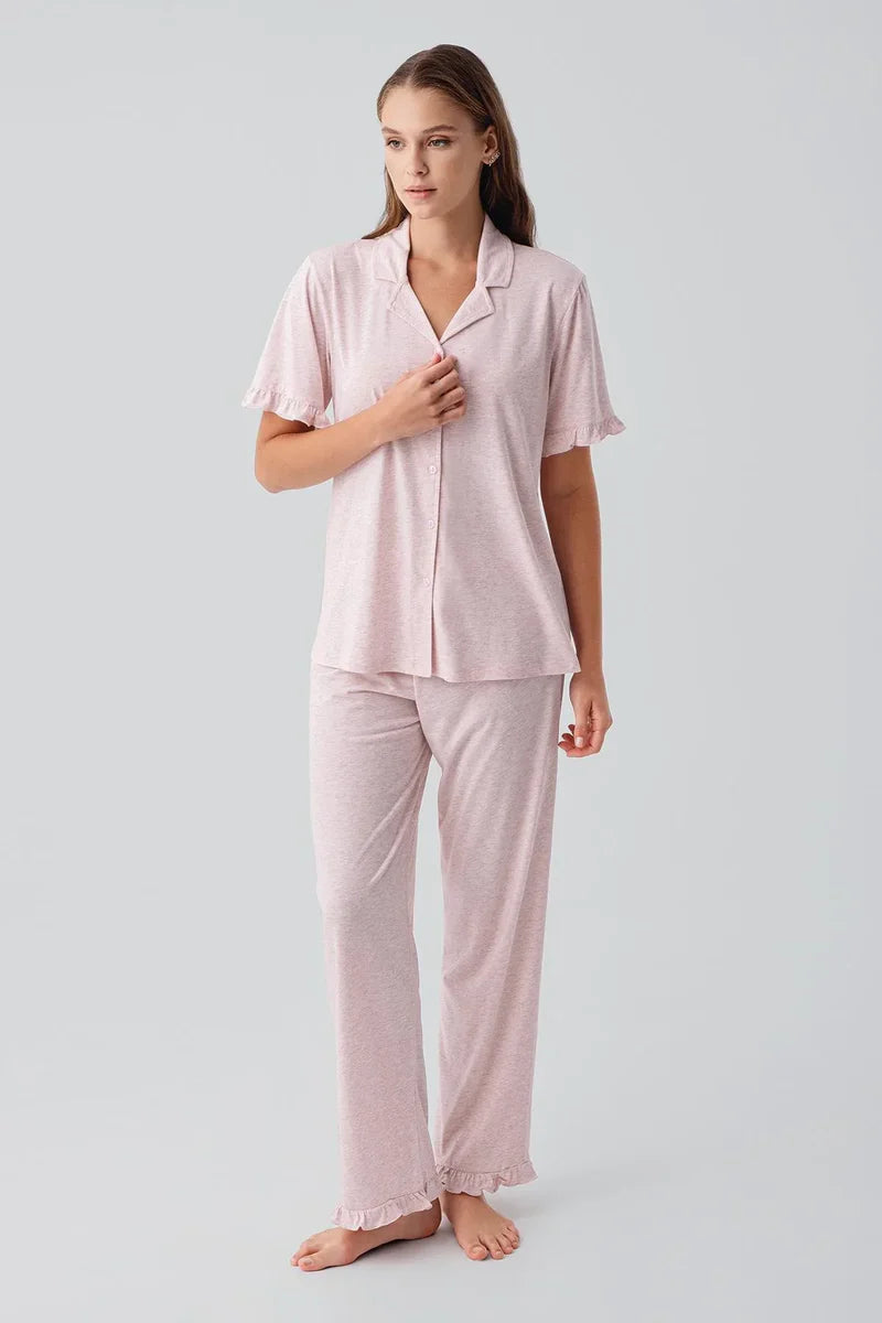 Pleated Sleeves Maternity & Nursing Pajama Set Pink - 19219