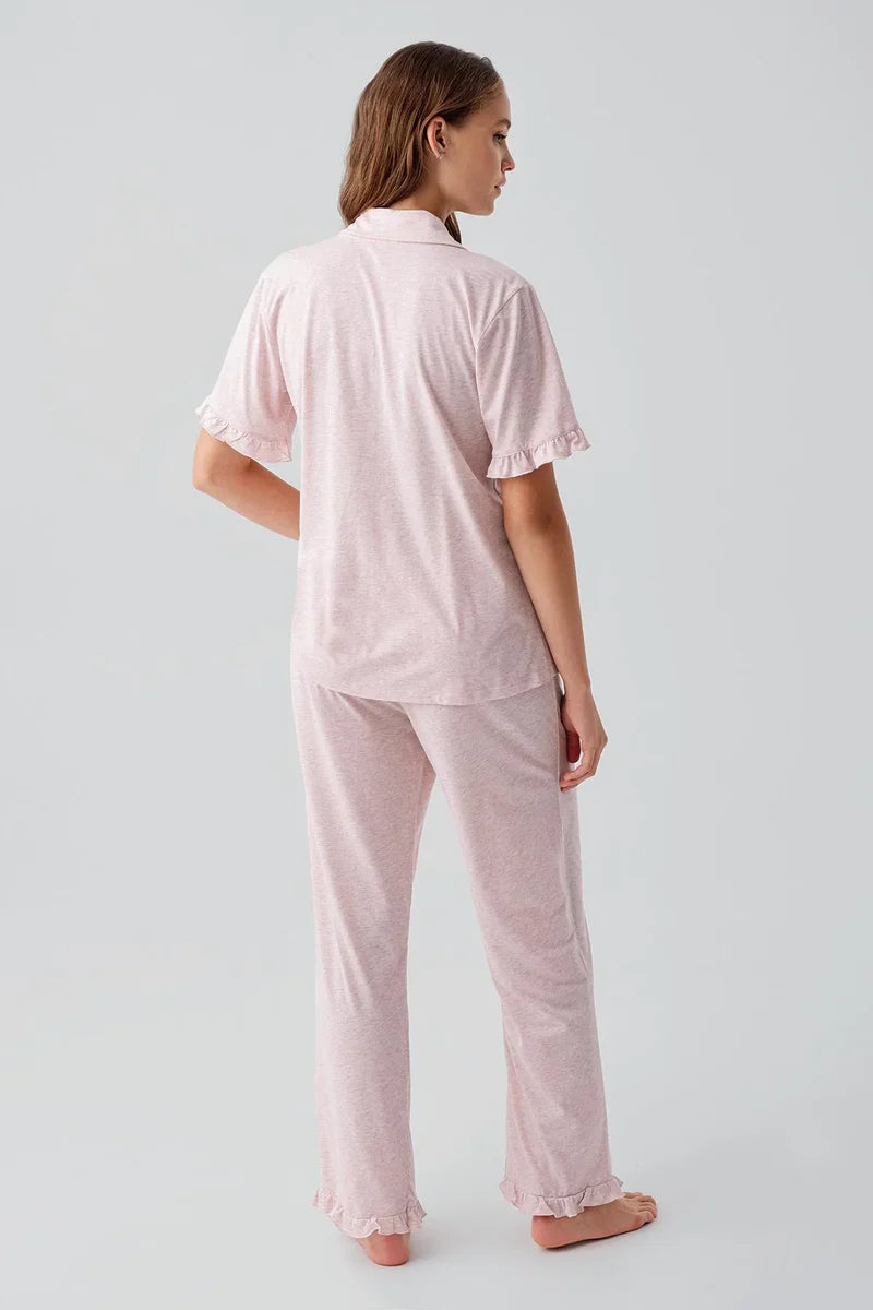 Pleated Sleeves Maternity & Nursing Pajama Set Pink - 19219