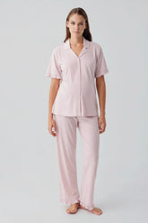 Pleated Sleeves Maternity & Nursing Pajama Set Pink - 19219