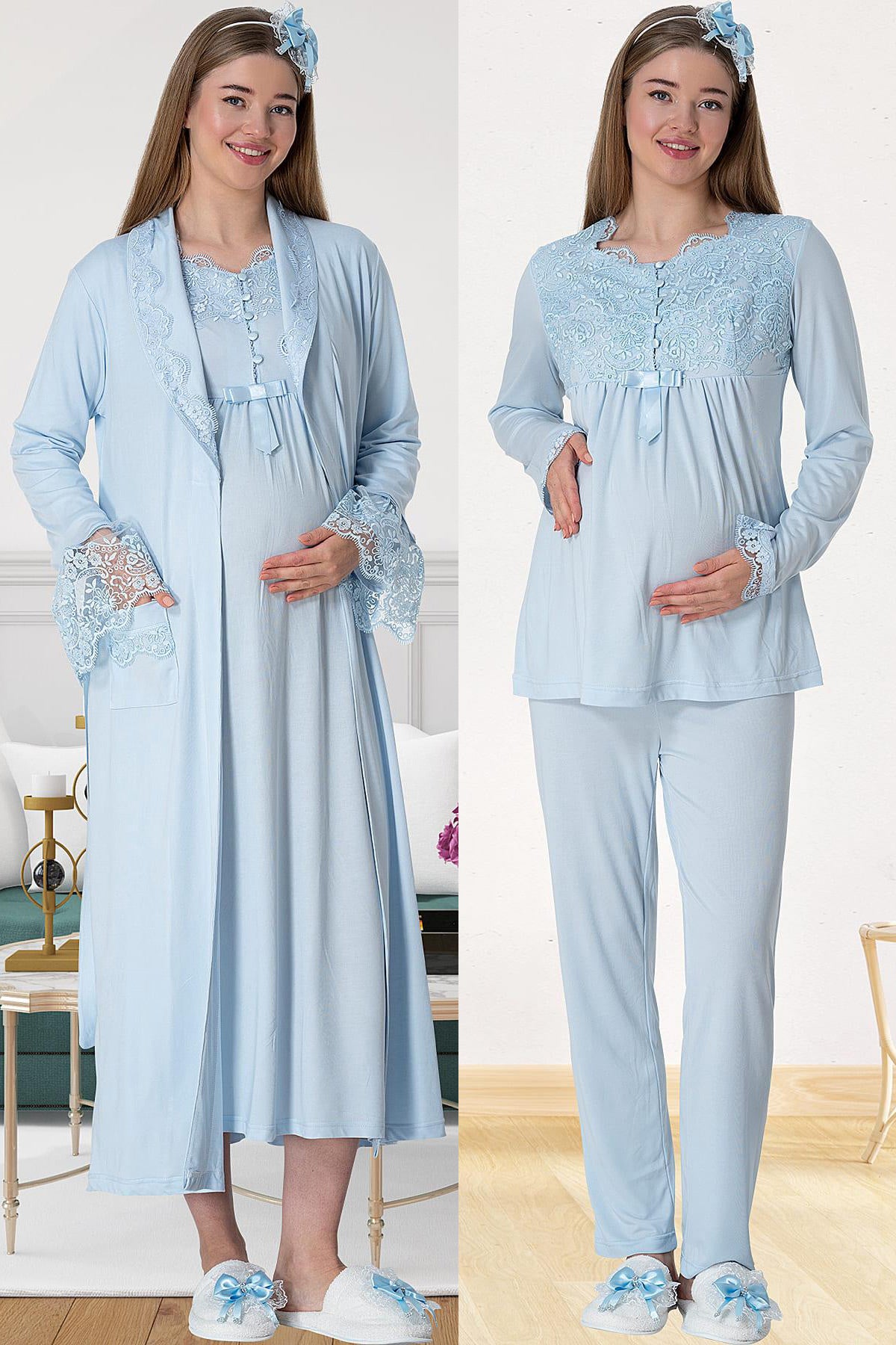 Elegant Lace 4 Piece Maternity-Nursing Set Blue - 1924