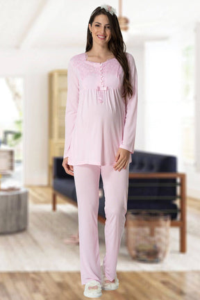 Elegant Lace 4 Pieces Maternity & Nursing Set Pink - 1924