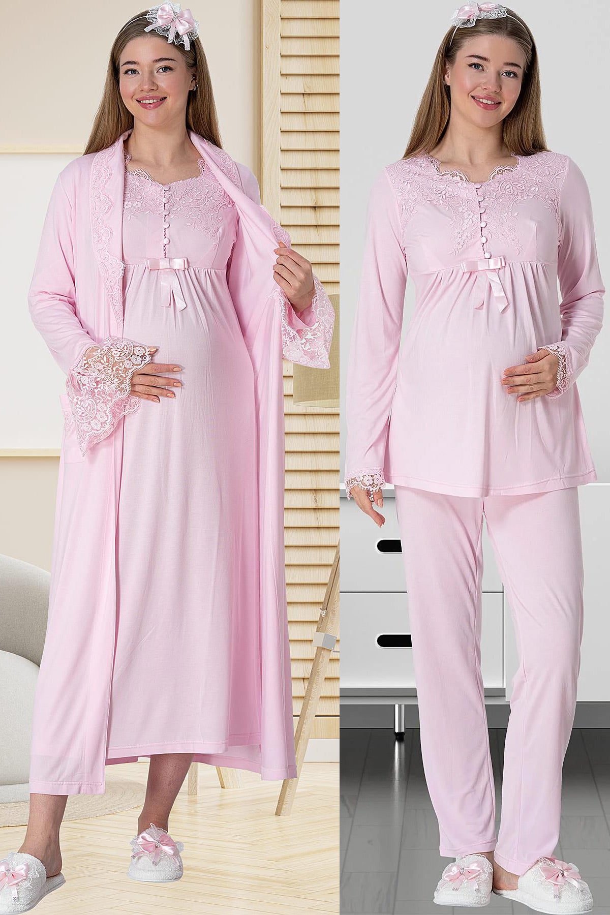 Elegant Lace 4 Piece Maternity-Nursing Set Pink - 1924