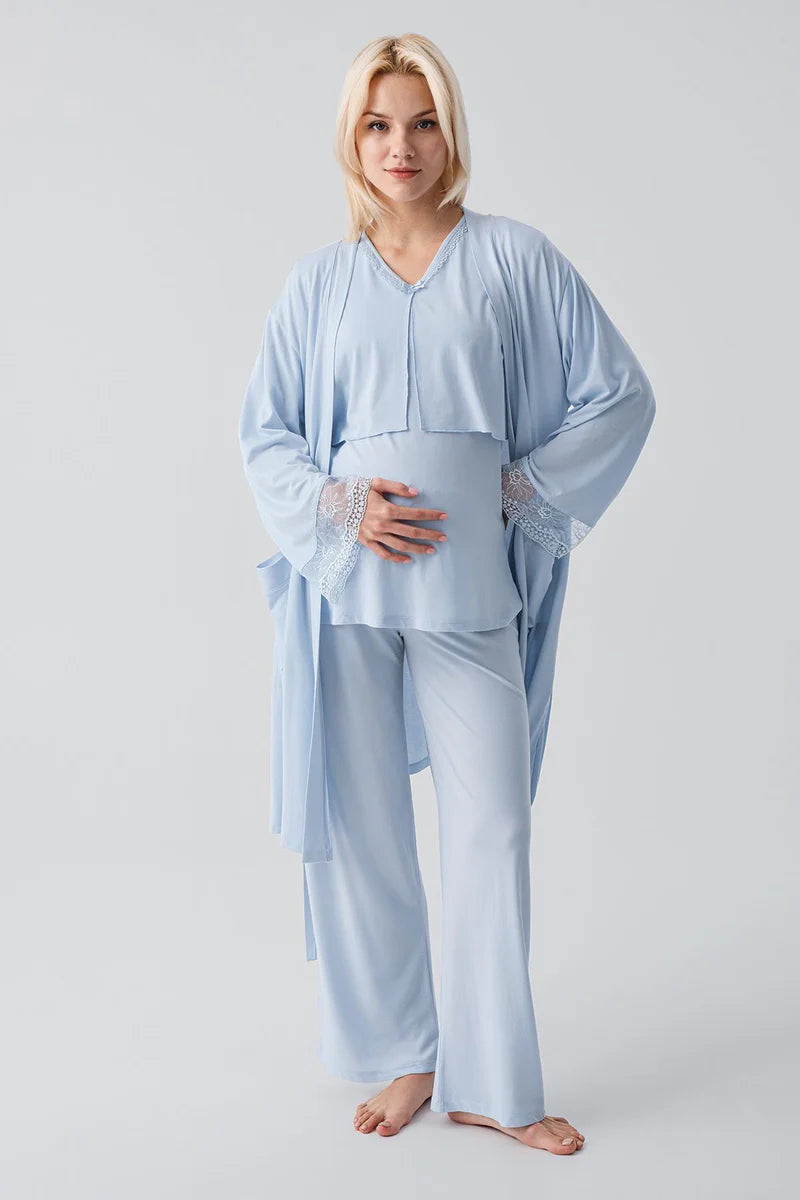Lace Sleeve 3-Piece Maternity-Nursing Pajama & Lace Back Robe Set Blue - 19301