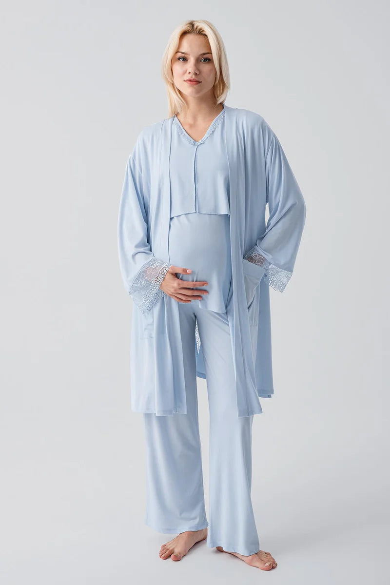 Lace Sleeve 3-Piece Maternity-Nursing Pajama & Lace Back Robe Set Blue - 19301
