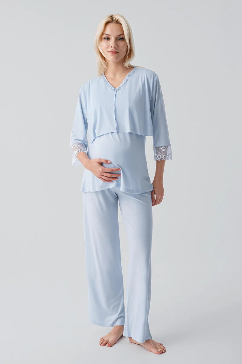 Lace Sleeve 3-Piece Maternity-Nursing Pajama & Lace Back Robe Set Blue - 19301