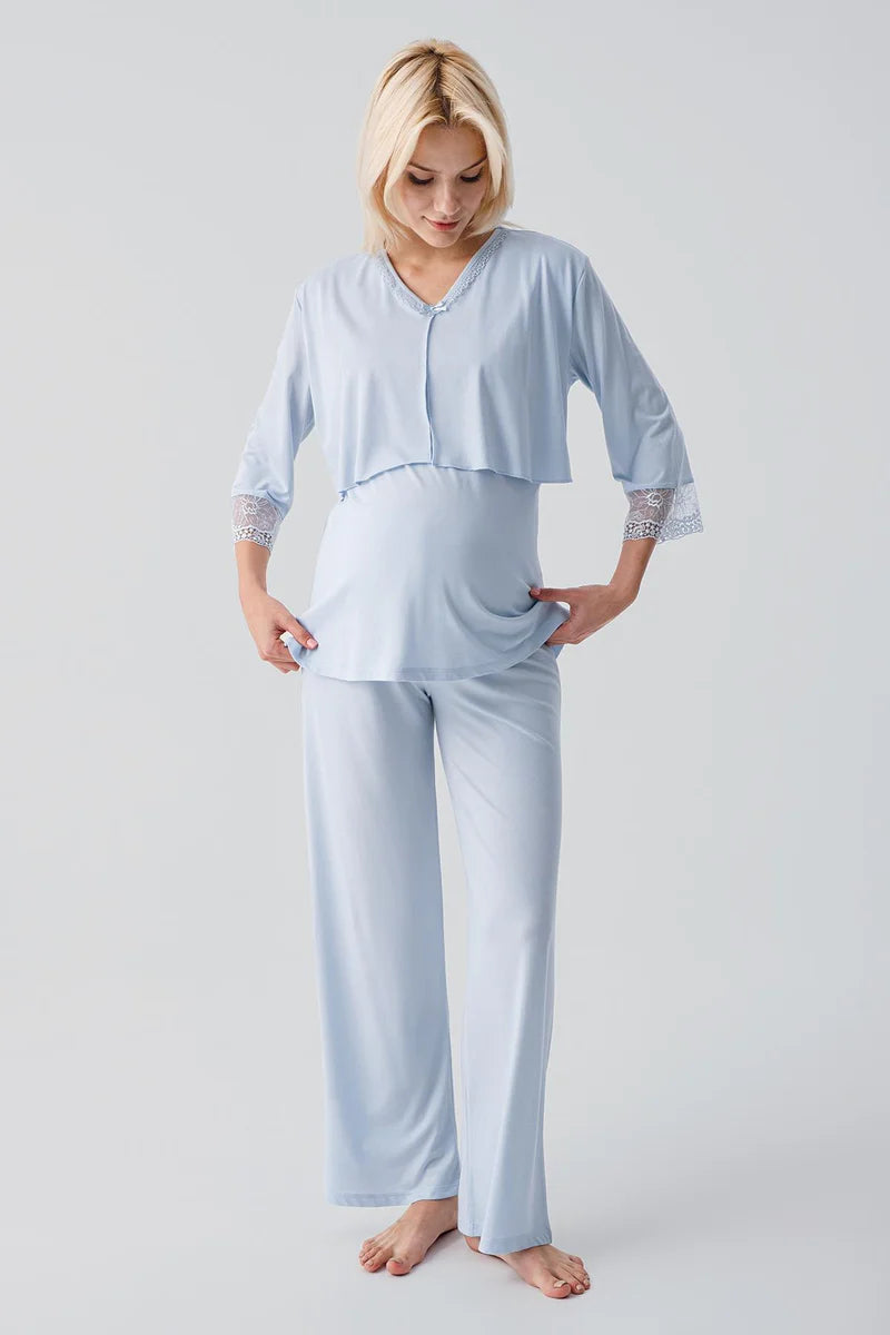 Lace Sleeve 3-Piece Maternity-Nursing Pajama & Lace Back Robe Set Blue - 19301