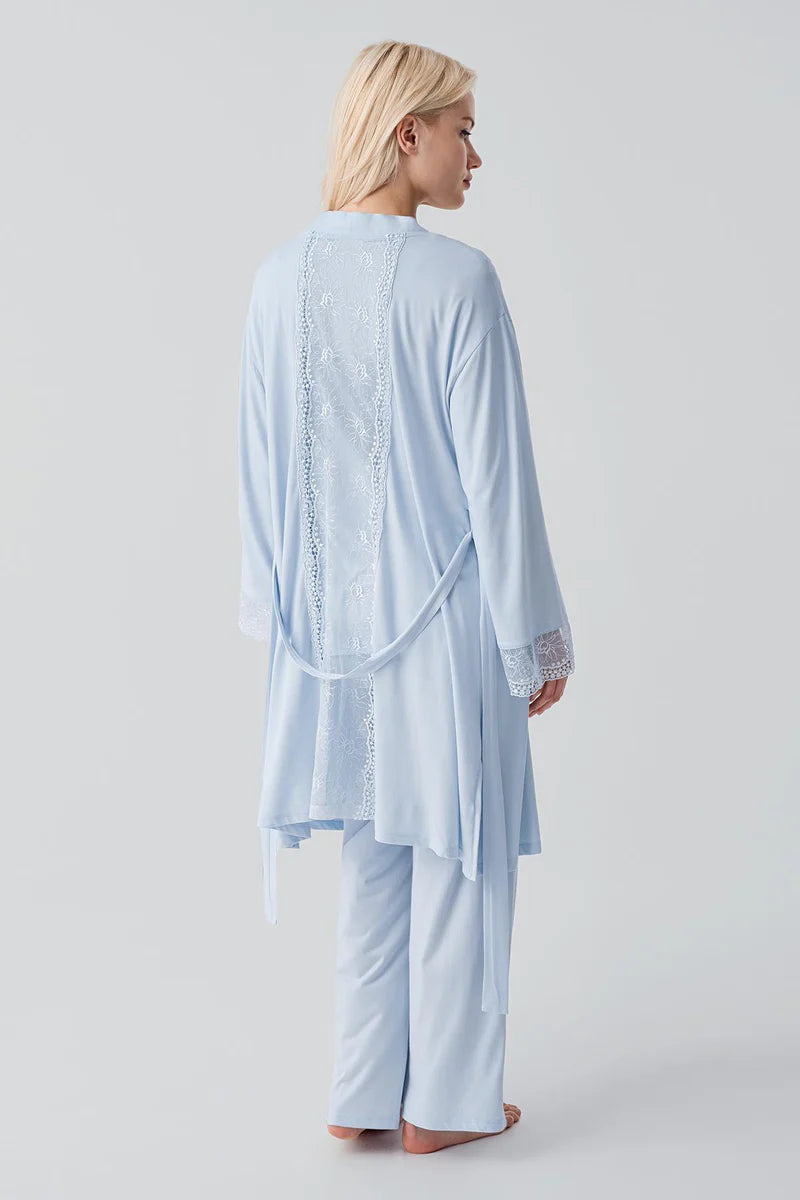 Lace Sleeve 3-Piece Maternity-Nursing Pajama & Lace Back Robe Set Blue - 19301