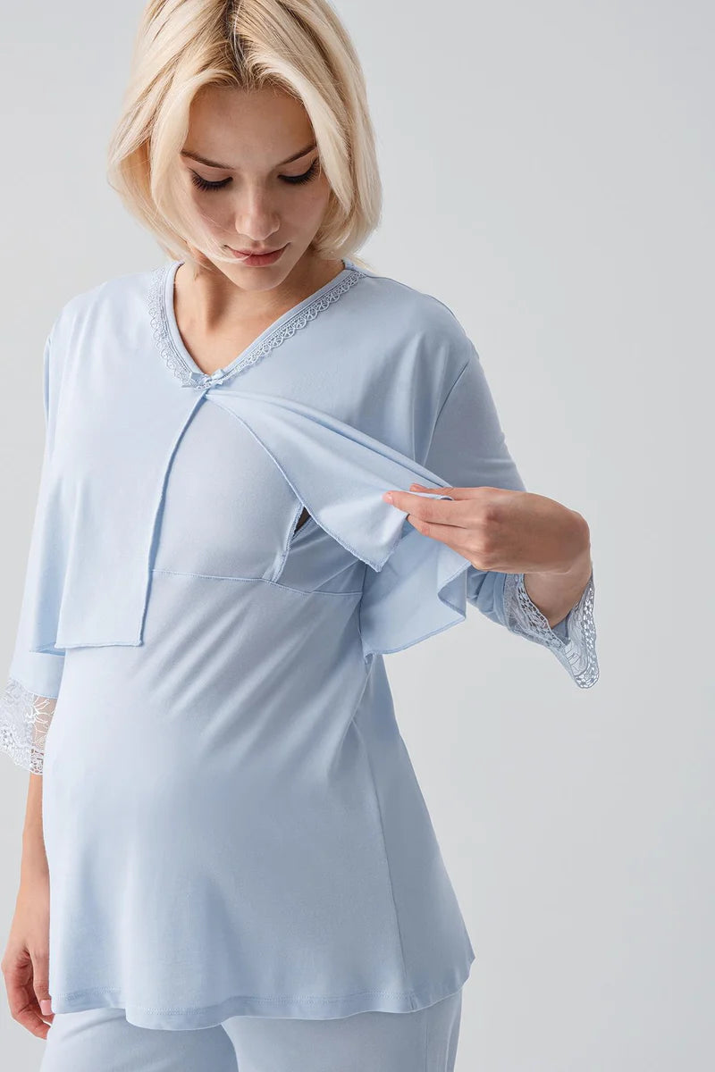 Lace Sleeve 3-Piece Maternity-Nursing Pajama & Lace Back Robe Set Blue - 19301