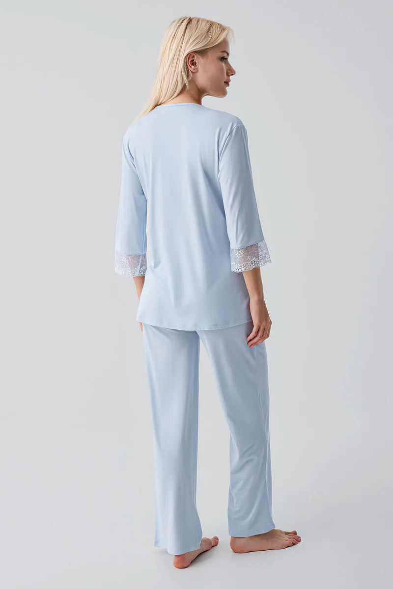 Lace Sleeve 3-Piece Maternity-Nursing Pajama & Lace Back Robe Set Blue - 19301