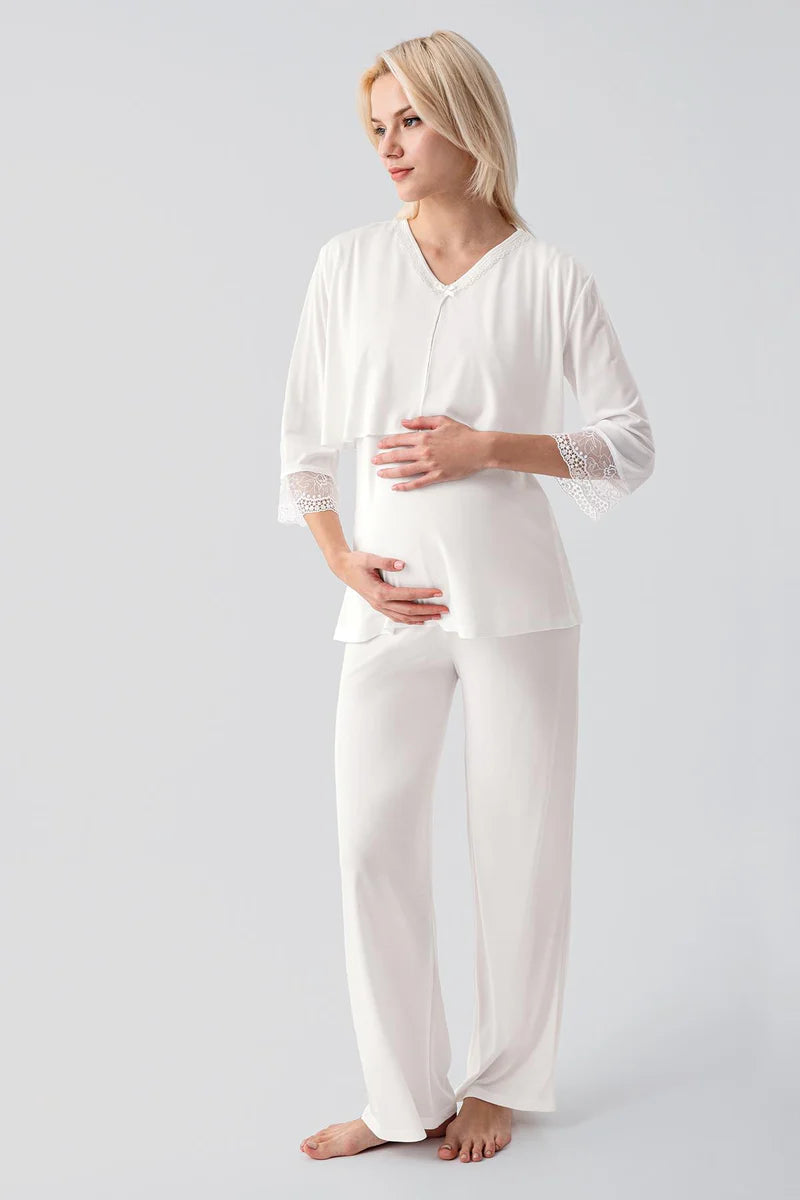 Lace Sleeve 3-Piece Maternity-Nursing Pajama & Lace Back Robe Set Ecru - 19301