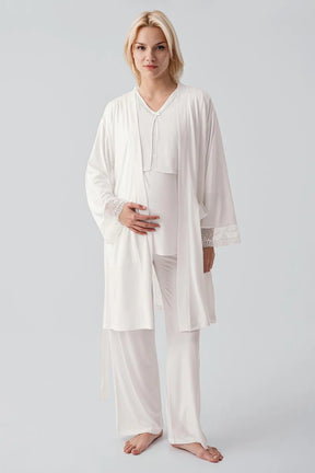 Lace Sleeve 3-Piece Maternity-Nursing Pajama & Lace Back Robe Set Ecru - 19301