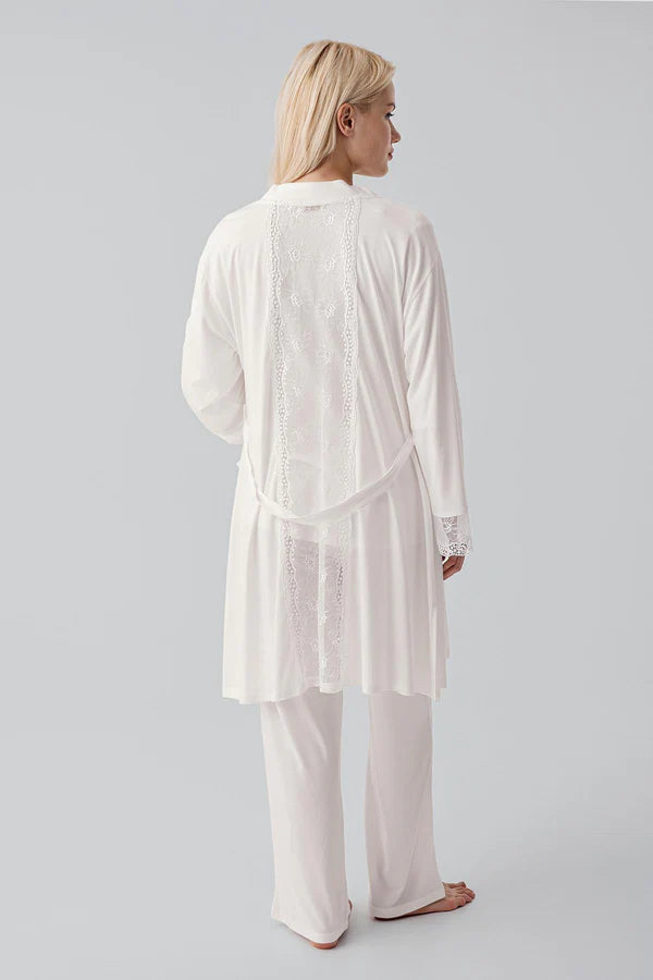 Lace Sleeve 3-Piece Maternity Feeding-Friendly Pajama & Lace Back Robe Set Ecru - S19301