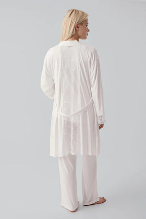 Lace Sleeve 3-Piece Maternity-Nursing Pajama & Lace Back Robe Set Ecru - 19301