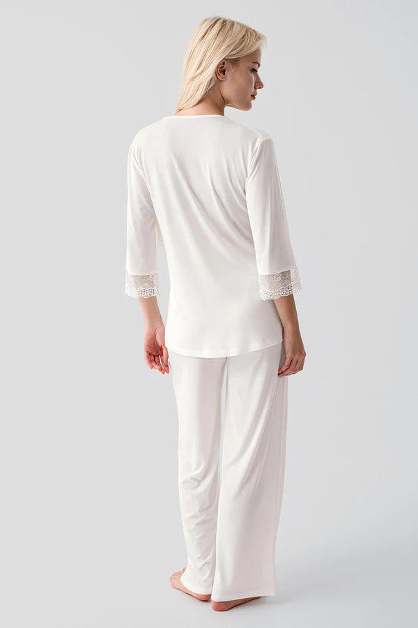 Lace Sleeve 3-Piece Maternity Feeding-Friendly Pajama & Lace Back Robe Set Ecru - S19301