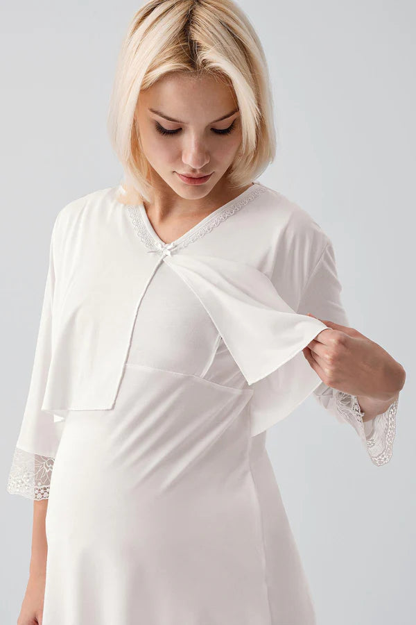 Lace Sleeve 3-Piece Maternity-Nursing Pajama & Lace Back Robe Set Ecru - 19301