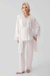 Lace Sleeve 3-Piece Maternity-Nursing Pajama & Lace Back Robe Set Ecru - 19301