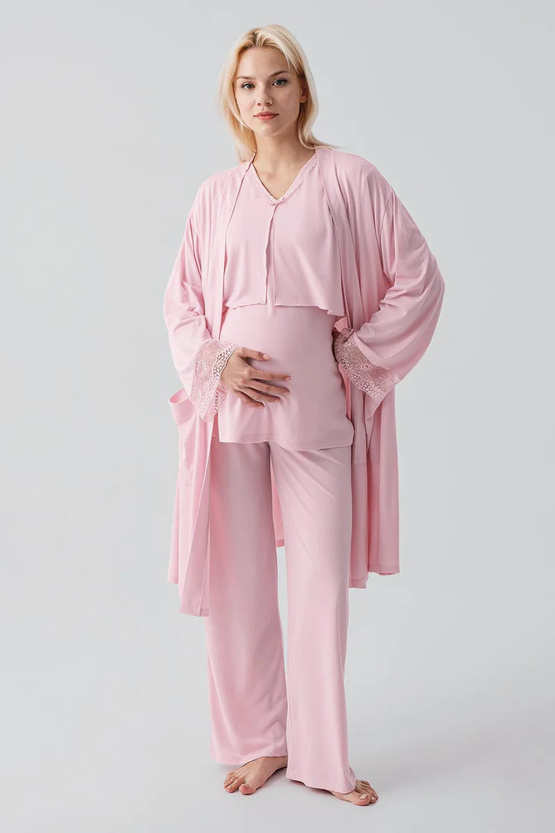 Lace Sleeve 3-Piece Maternity-Nursing Pajama & Lace Back Robe Set Powder - 19301