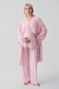 Lace Sleeve 3-Piece Maternity-Nursing Pajama & Lace Back Robe Set Powder - 19301