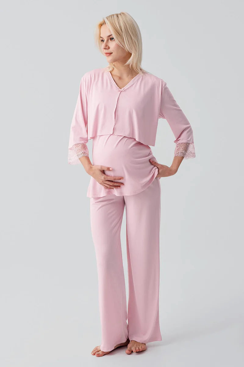 Lace Sleeve 3-Piece Maternity-Nursing Pajama & Lace Back Robe Set Powder - 19301