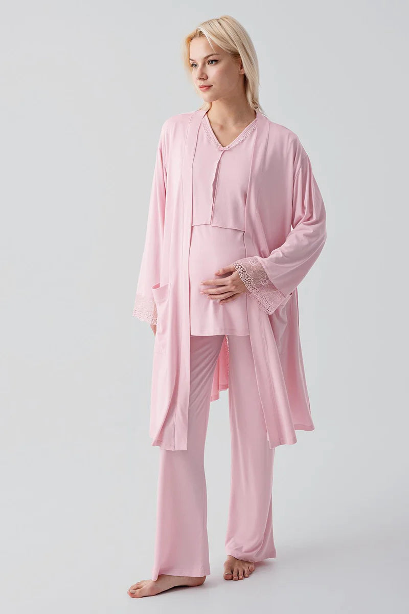 Lace Sleeve 3-Piece Maternity-Nursing Pajama & Lace Back Robe Set Powder - 19301