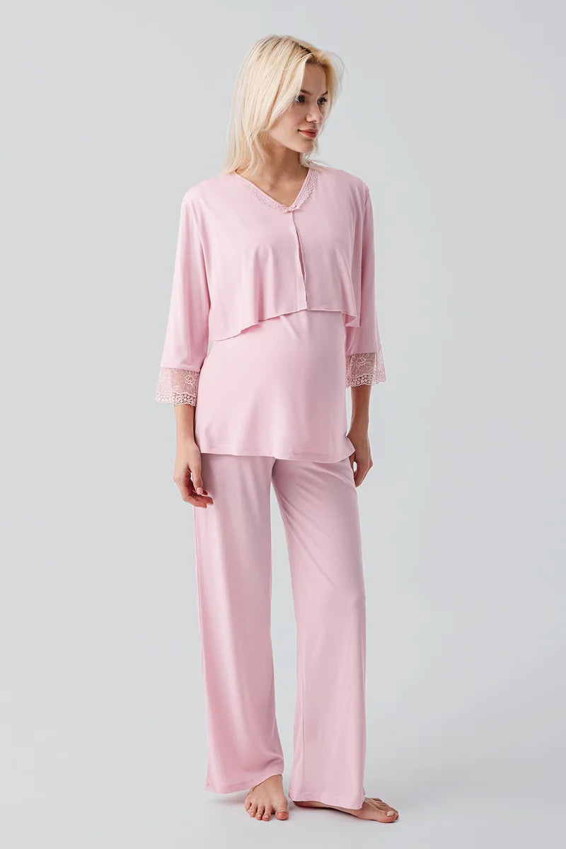 Lace Sleeve 3-Piece Maternity-Nursing Pajama & Lace Back Robe Set Powder - 19301