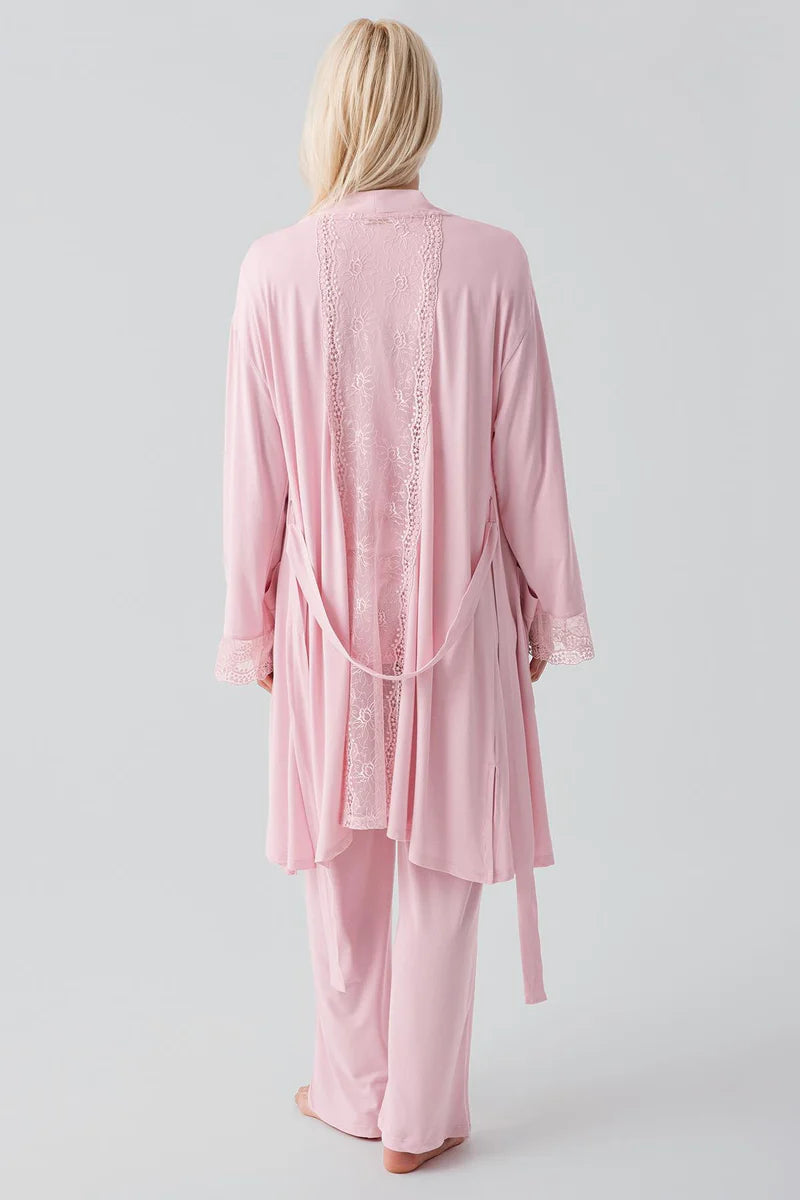 Lace Sleeve 3-Piece Maternity-Nursing Pajama & Lace Back Robe Set Powder - 19301