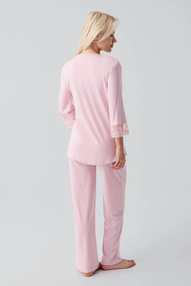 Lace Sleeve 3-Piece Maternity-Nursing Pajama & Lace Back Robe Set Powder - 19301