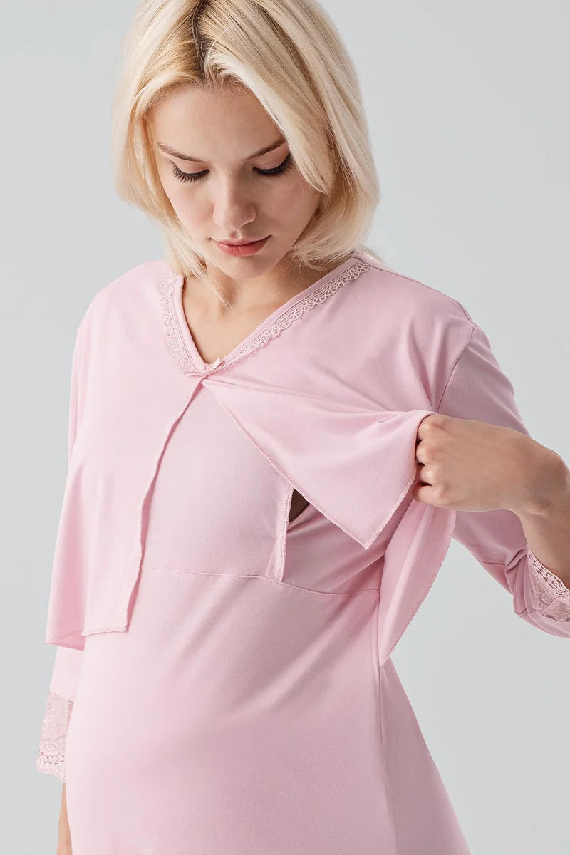 Lace Sleeve 3-Piece Maternity-Nursing Pajama & Lace Back Robe Set Powder - 19301