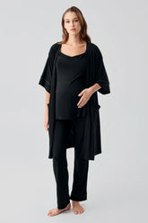 Strappy Stretch Soft 3-Piece Maternity-Nursing Pajama & Robe Set Black - 19307