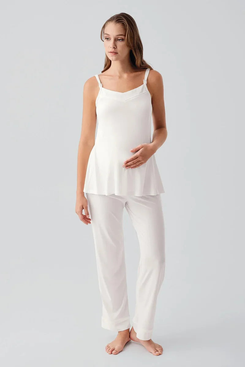 Strappy Stretch Soft 3-Piece Maternity-Nursing Pajama & Robe Set Ecru - 19307