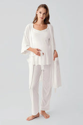 Strappy Stretch Soft 3-Piece Maternity-Nursing Pajama & Robe Set Ecru - 19307