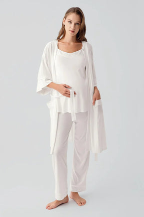 Strappy Stretch Soft 3-Piece Maternity-Nursing Pajama & Robe Set Ecru - 19307